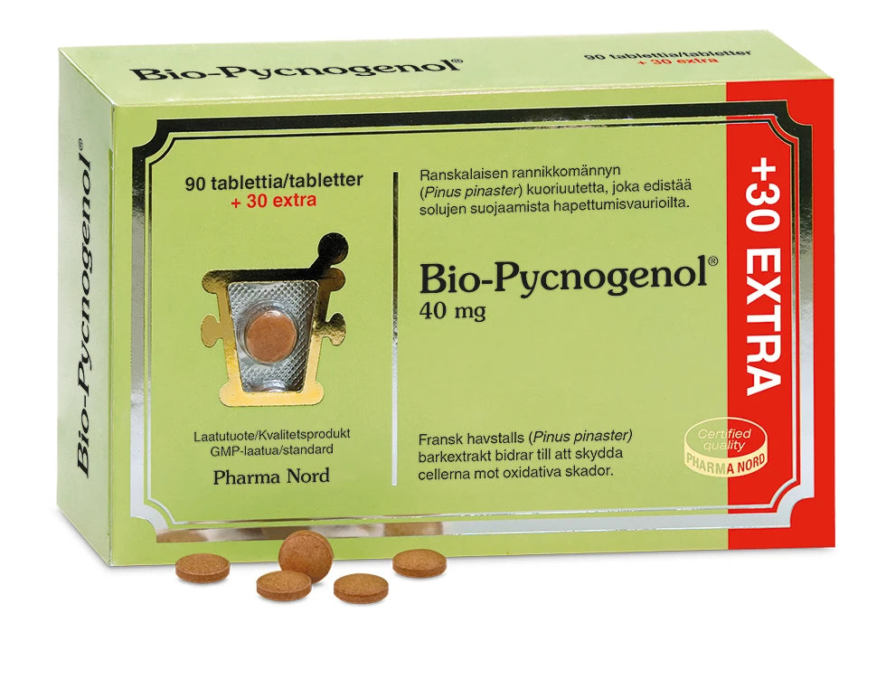 A box of Pharma Nord Bio-Pycnogenol shows a blister pack with one exposed tablet and loose tablets. The package highlights "+30 extra tablets (90 total)" and promotes antioxidant support for healthy blood circulation.