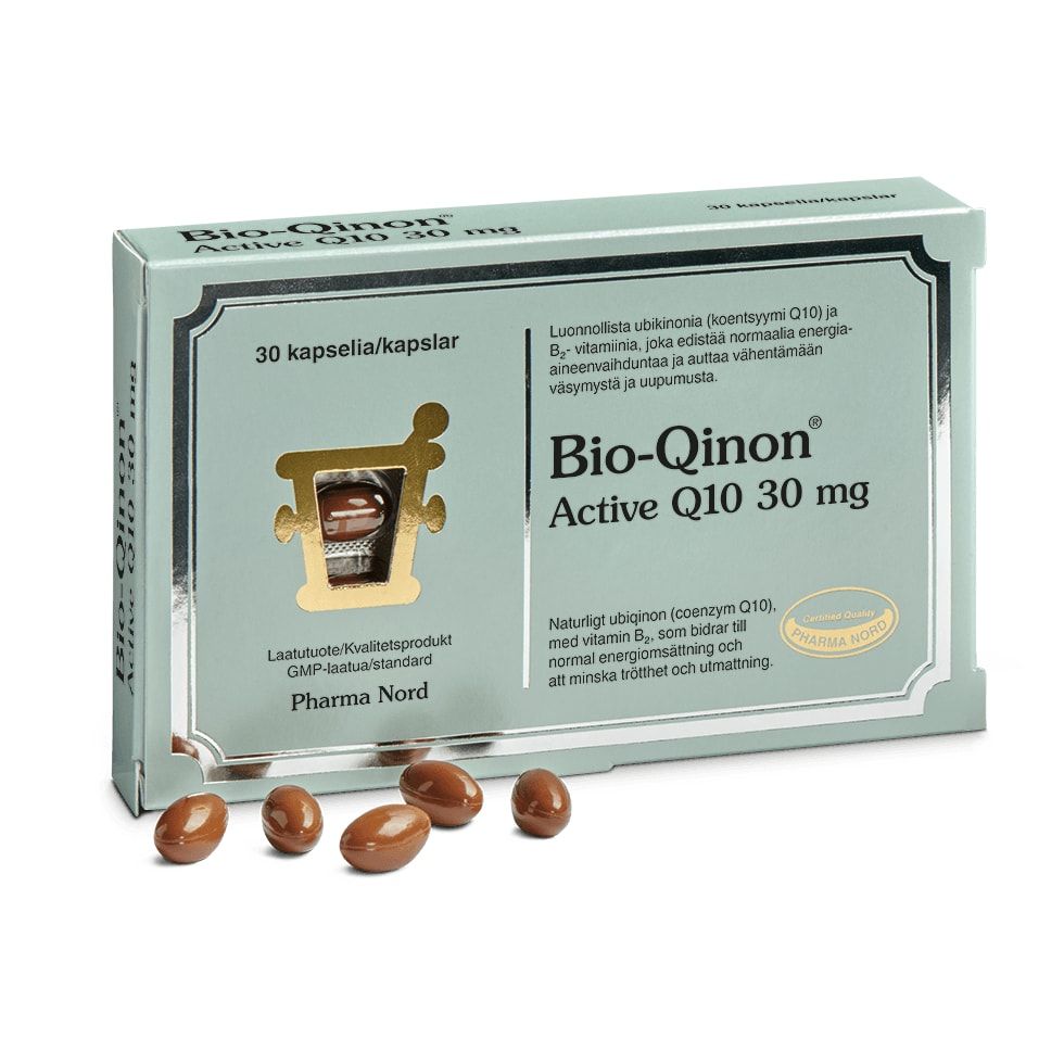 A box of Pharma Nord Bio-Qinon Q10, 30 mg capsules is displayed, featuring Coenzyme Q10 and vitamin B2. Several brown capsules are in front of the light green package with Finnish and English text.