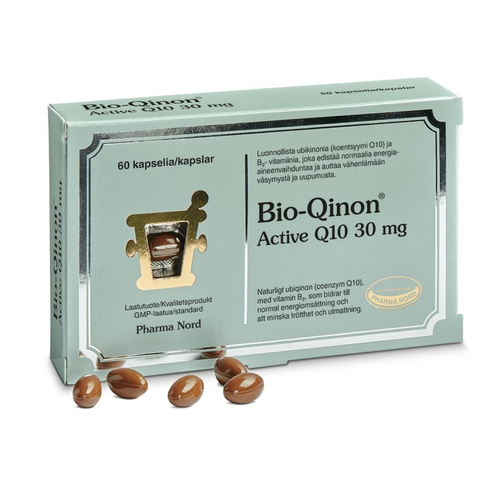 A green box of Pharma Nord's Bio-Qinon Q10, 30 mg dietary supplement (60 capsules) is shown, with brown Coenzyme Q10 capsules in front. The packaging displays Finnish and Swedish text.