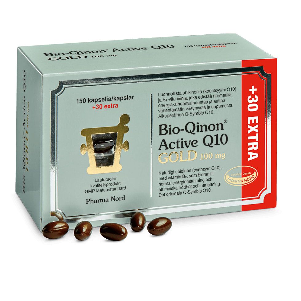 A box of Pharma Nord Bio-Qinon Q10 GOLD dietary supplement (100 mg, 150+30 capsules) is shown with several Coenzyme Q10 capsules in front. The packaging features Finnish and Swedish text.