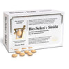 A box of Pharma Nord Bio-Selenium + Zinc with seven round tablets in front. The package highlights immune system support and antioxidant benefits, featuring selenium yeast, with info in Finnish and Swedish.
