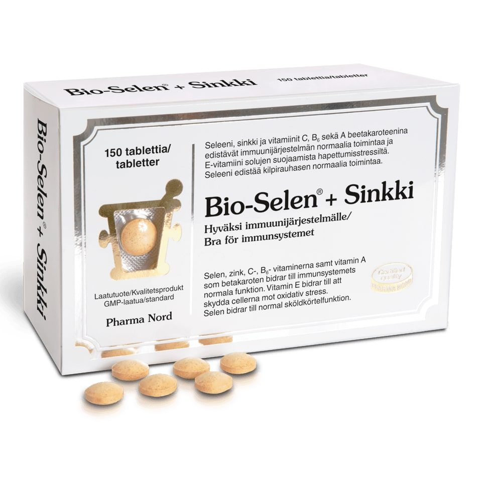 A box of Pharma Nord Bio-Selenium + Zinc with seven round tablets in front. The package highlights immune system support and antioxidant benefits, featuring selenium yeast, with info in Finnish and Swedish.