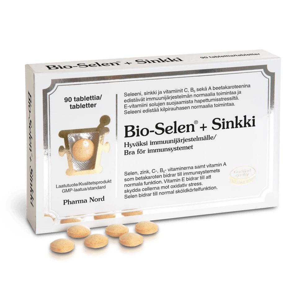 A white box of Bio-Selenium + Zinc by Pharma Nord is shown with seven round beige tablets in front. The Finnish and Swedish packaging highlights antioxidant complex, immune system support, and a golden mortar and pestle.