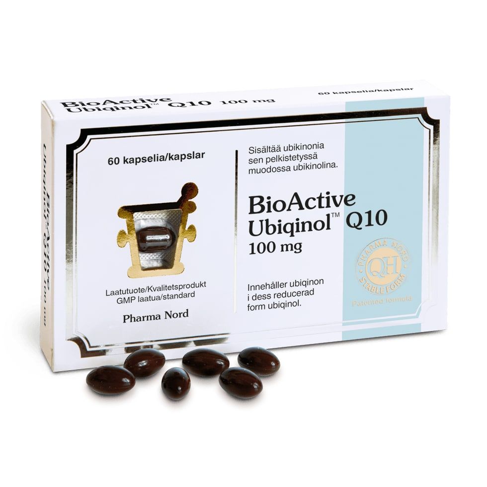 A box of Pharma Nord BioActive Ubiqinol Q10 100 mg (60 capsules) is shown, with several dark brown oval capsules in front and packaging text in Finnish and Swedish.