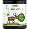 A jar from the Biomed Gift Set Reindeer by Biomed, with Finnish text, a reindeer image, antler graphic, and green seal. This Finnish product features reindeer bone and connective tissue extract.