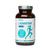 A brown Biomed bottle labeled Carnipure® L-Carnitine with blue and white text features a running figure. The Finnish label highlights 120 vegan capsules, supporting energy metabolism with L-Carnitine tartrate.