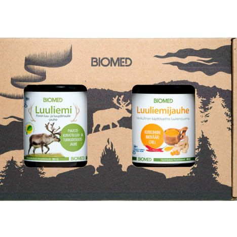 The Biomed Gift Set Bone Broth by Biomed includes two jars: one with reindeer bone broth and another with ginger & turmeric, both in a decorative forest-themed package.