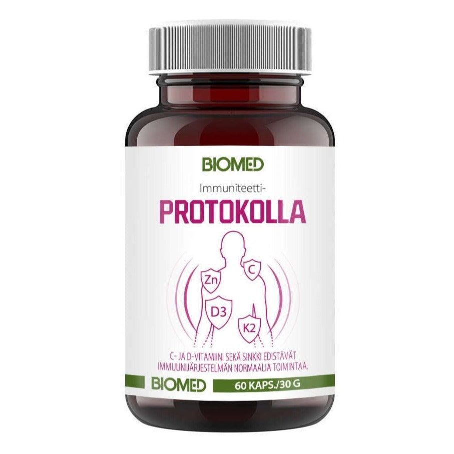 A bottle of Biomed Immunity Protocol (60 capsules) by Biomed features Finnish labeling with a human silhouette and icons for zinc, vitamin D3, K2, and quercetin phytosome to support immune defense.