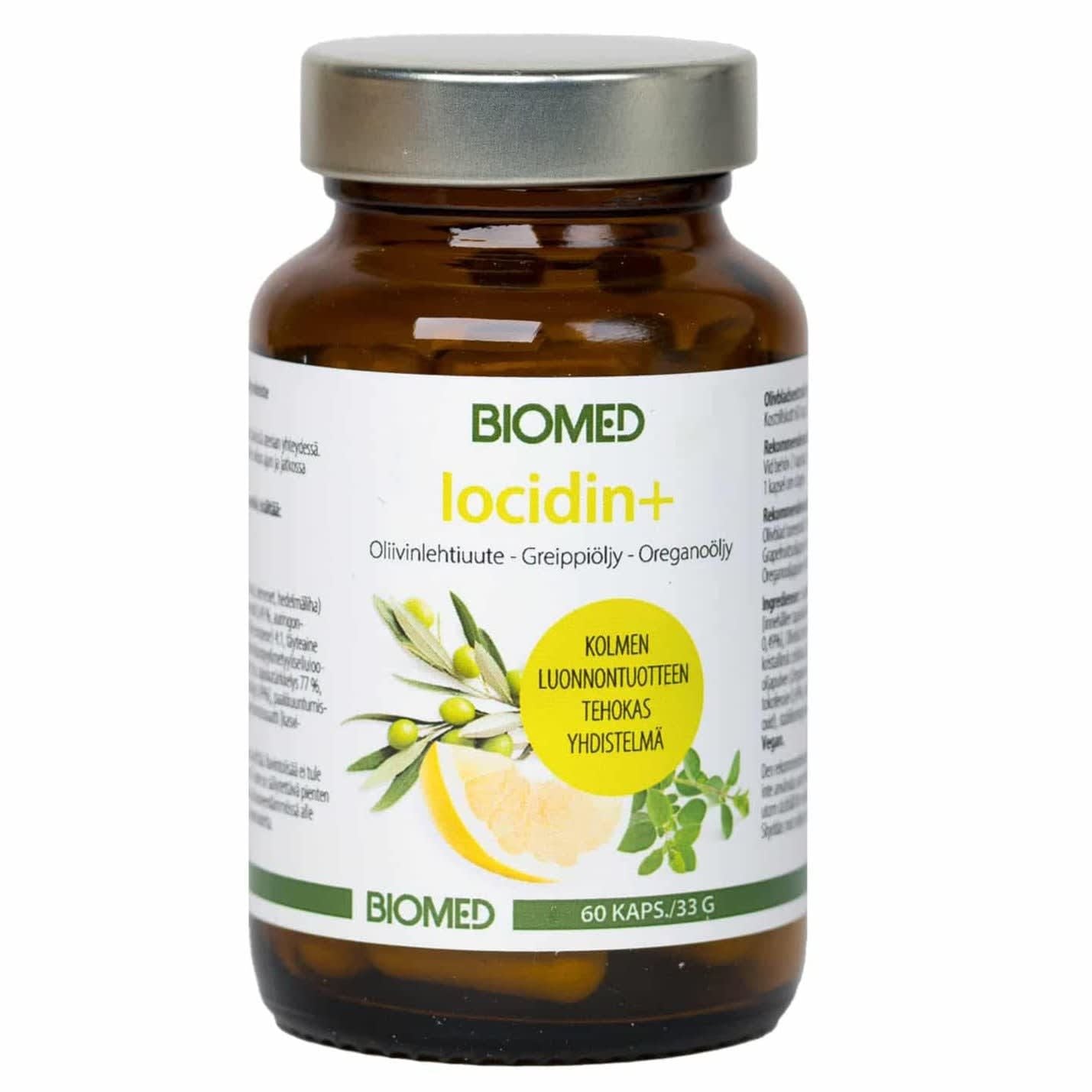 Biomed Iocidin+ by Biomed comes in a brown glass bottle with images of olive leaves, grapefruit, and oregano. The label states it contains 60 capsules with natural ingredients like olive leaf extract and oregano oil.