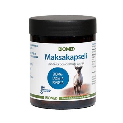 The Biomed Gift Set Reindeer by Biomed is a brown jar featuring a reindeer and Finnish text, containing 120 organ capsules made from premium Finnish reindeer. This supplement showcases quality Finnish reindeer products.
