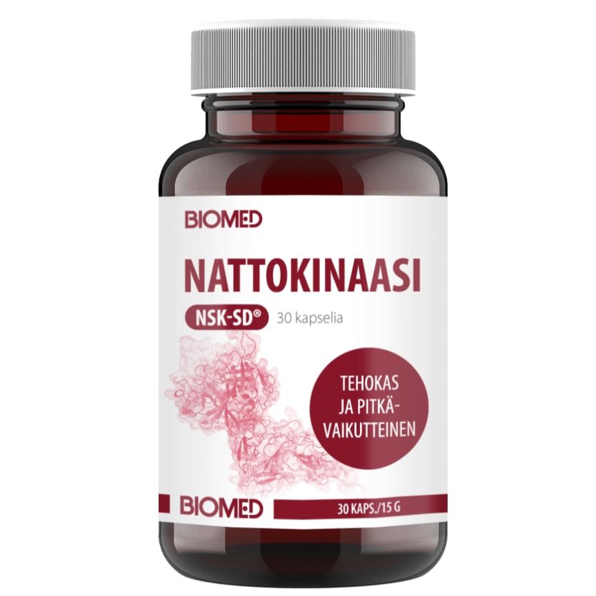 A bottle of Biomed Nattokinase NSK-SD® dietary supplement, featuring a white and red label with molecular graphics and Finnish text about its effectiveness. Each bottle contains 30 capsules.