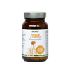 A brown glass bottle labeled Biomed Premium B-complex by Biomed features Finnish text, a human spine illustration, and a silver lid. It contains 60 vegan capsules with full-spectrum B vitamins in a B-complex formula.