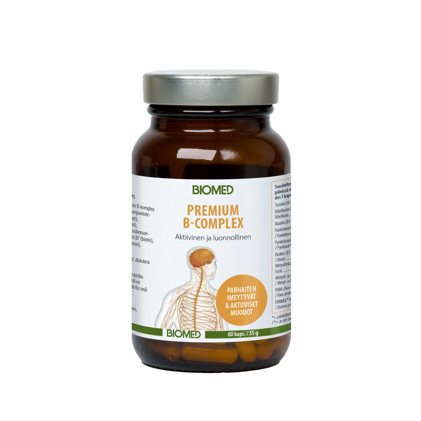 A brown glass bottle labeled Biomed Premium B-complex by Biomed features Finnish text, a human spine illustration, and a silver lid. It contains 60 vegan capsules with full-spectrum B vitamins in a B-complex formula.