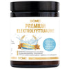 A 120g jar of Biomed Premium Electrolyte Powder Natural by Biomed, with a white label, gold and blue accents, water splash graphics, and Finnish text. This sugar-free formula supports hydration.