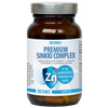 A brown Biomed Premium Zinc Complex bottle features a blue design and highlights 25 mg zinc per capsule. This Biomed supplement contains 60 capsules with Finnish text, supporting immunity and hormonal balance.