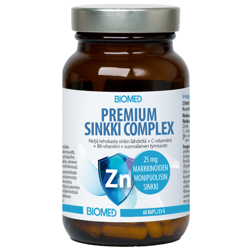 A brown Biomed Premium Zinc Complex bottle features a blue design and highlights 25 mg zinc per capsule. This Biomed supplement contains 60 capsules with Finnish text, supporting immunity and hormonal balance.