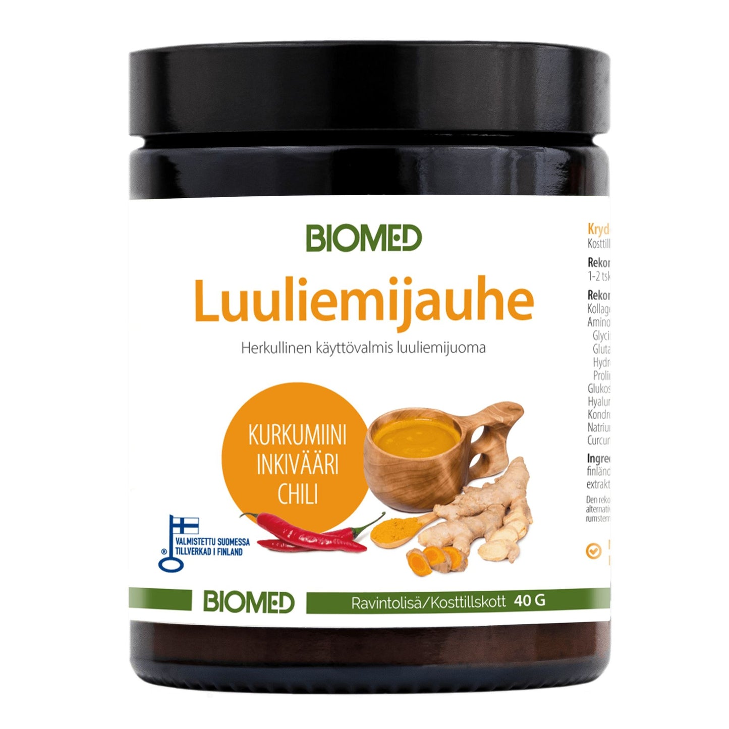 A jar of Biomed Reindeer Bone Broth Powder + Curcumin + Ginger + Chili. The label features a bowl of broth, ginger root, chili pepper, and turmeric on a white background.