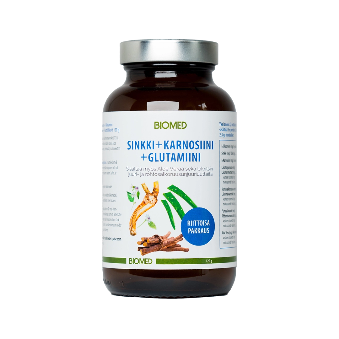 A brown glass supplement bottle with a black lid labeled "Biomed Zinc + Carnosine + Glutamine Drink Powder." The Finnish label features roots and leaves, highlighting digestive tract support and mucous membrane protection.