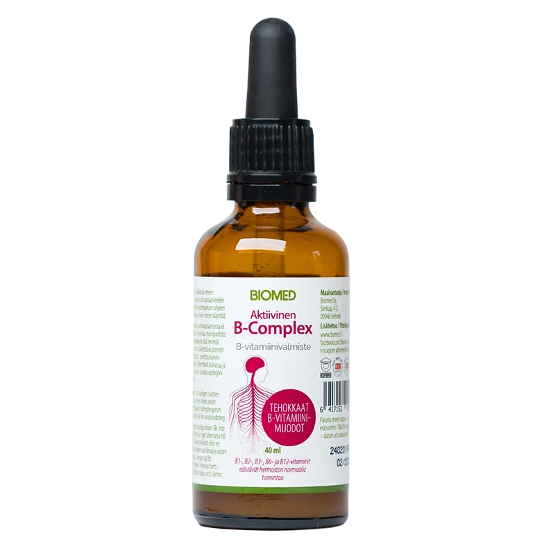 Bottle of Biomed B-Complex supplement with dropper on a white background