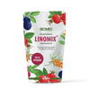 Biomed Linomix by Biomed is a colorful 500g pouch featuring berries and leaves. The package says "Pellavansiemenrouhemarjajauhesekoitus," contains 24% marjoja, and highlights high-fiber Finnish flaxseed meal and berry powder.