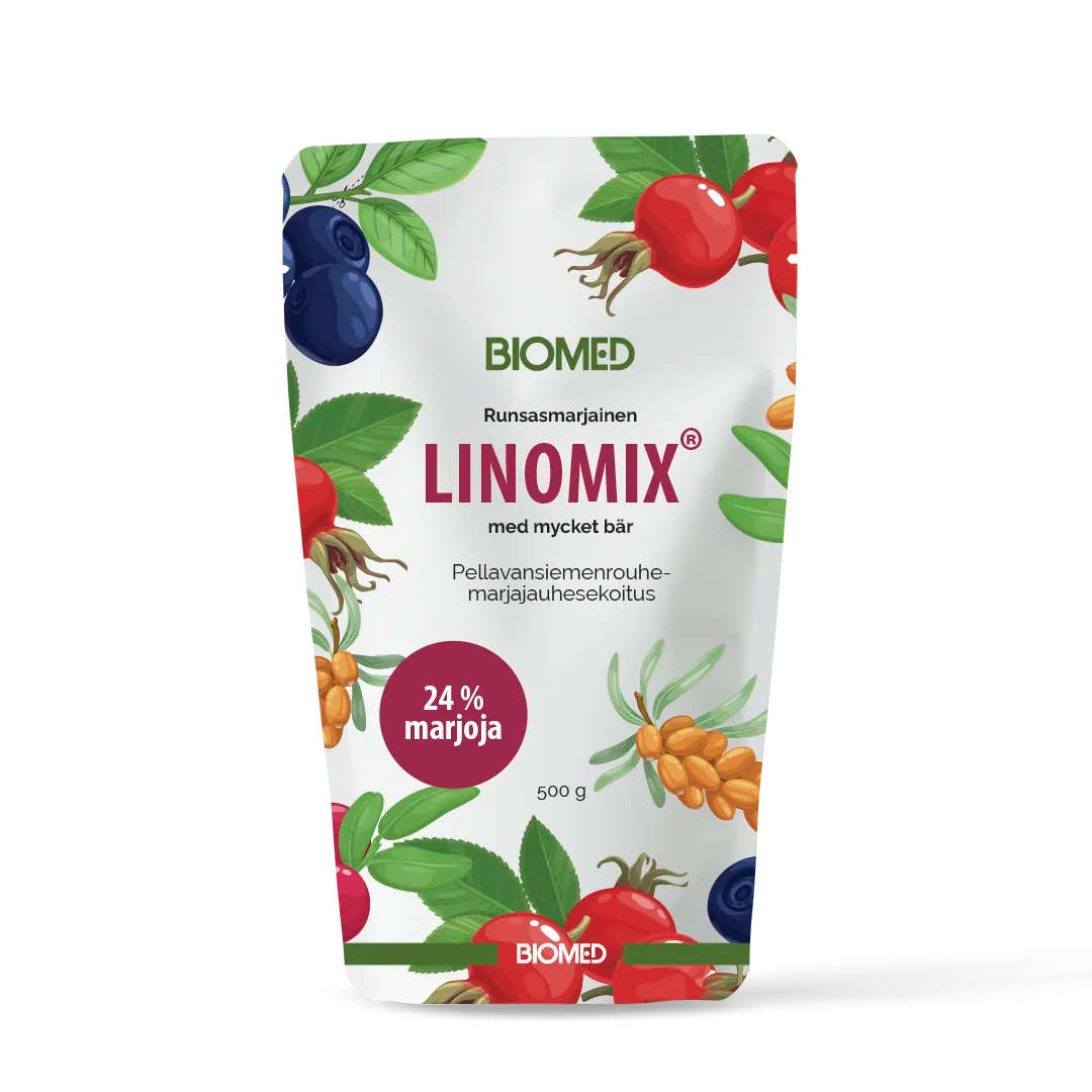 Biomed Linomix by Biomed is a colorful 500g pouch featuring berries and leaves. The package says "Pellavansiemenrouhemarjajauhesekoitus," contains 24% marjoja, and highlights high-fiber Finnish flaxseed meal and berry powder.