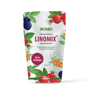 Biomed Linomix by Biomed is a colorful 500g pouch featuring berries and leaves. The package says "Pellavansiemenrouhemarjajauhesekoitus," contains 24% marjoja, and highlights high-fiber Finnish flaxseed meal and berry powder.