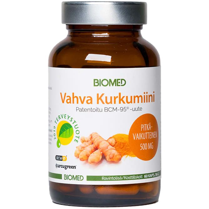 A brown glass bottle labeled Biomed Strong Curcumin by Biomed, featuring turmeric roots and powder, contains 60 capsules of 500mg Curcugreen turmeric extract, a premium curcumin supplement.