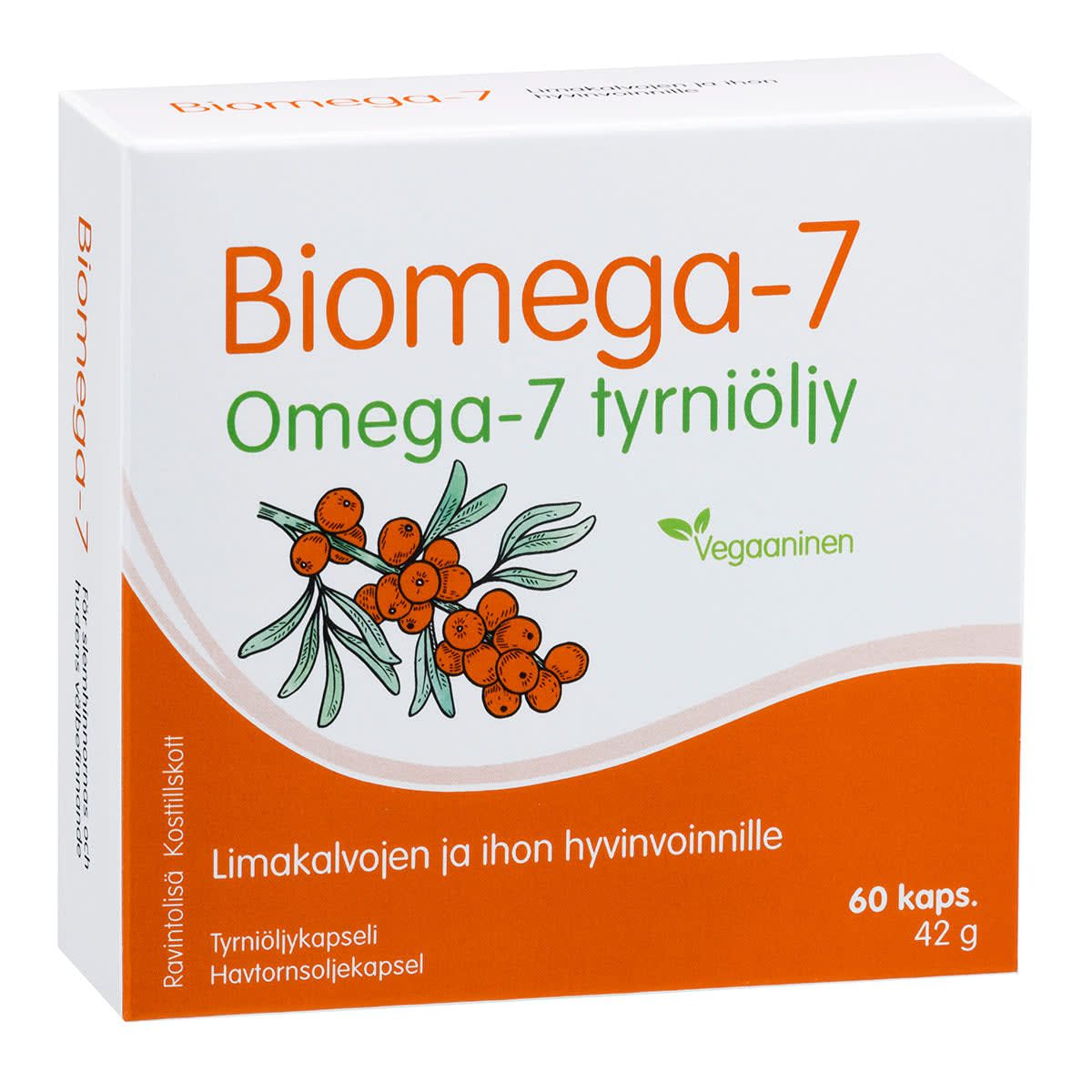 A box of Hankintatukku Biomega-7, a vegan dietary supplement with 60 capsules (42g), features Finnish text and a sea buckthorn branch illustration. Contains omega-7 fatty acids to support skin health.