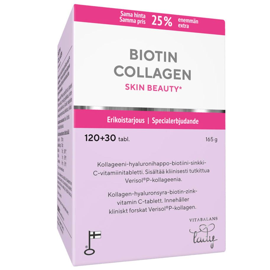 A pink and white Vitabalans Biotin Collagen Skin Beauty box with 150 tablets features Verisol collagen peptides for skin firmness, a 25% extra offer, and packaging text in Finnish and Swedish.