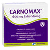 A box of Hankintatukku Carnomax 600 mg Extra Strong supplements, vegan and anti-aging support, contains 60 tablets. The mainly white package with green and purple accents displays Finnish and Swedish text.