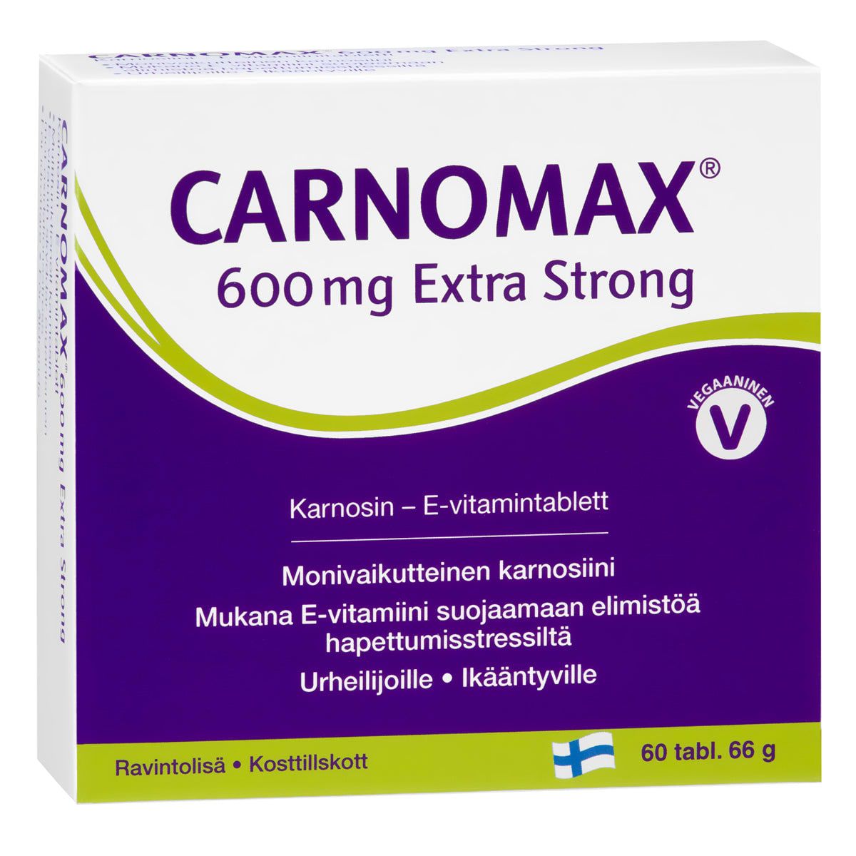 A box of Hankintatukku Carnomax 600 mg Extra Strong supplements, vegan and anti-aging support, contains 60 tablets. The mainly white package with green and purple accents displays Finnish and Swedish text.