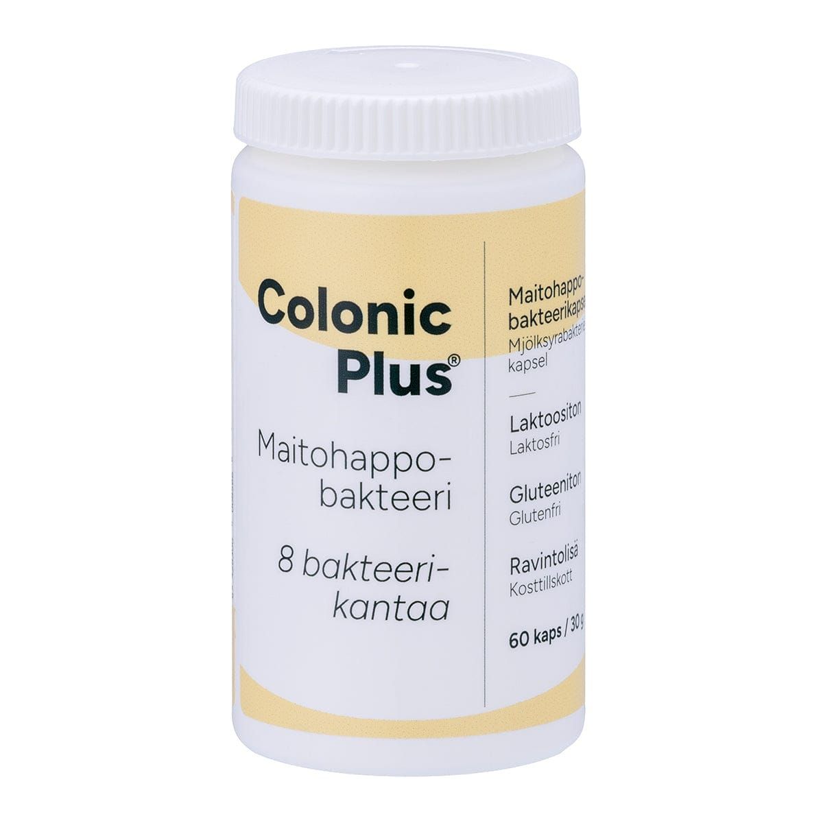 A white plastic bottle of Hankintatukku Colonic Plus Lactic Acid Bacteria dietary supplement with a yellow and white label, 60 capsules, and Finnish text on the packaging.