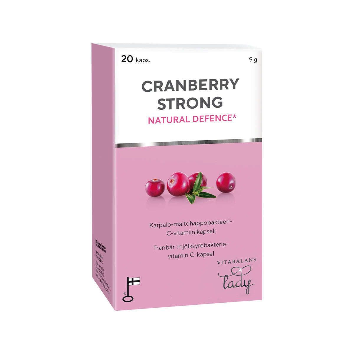 A pink and white box labeled Cranberry Strong by Vitabalans, featuring cranberries. Contains 20 capsules with cranberry extract to support feminine health; packaging includes multiple languages such as Finnish and Swedish.