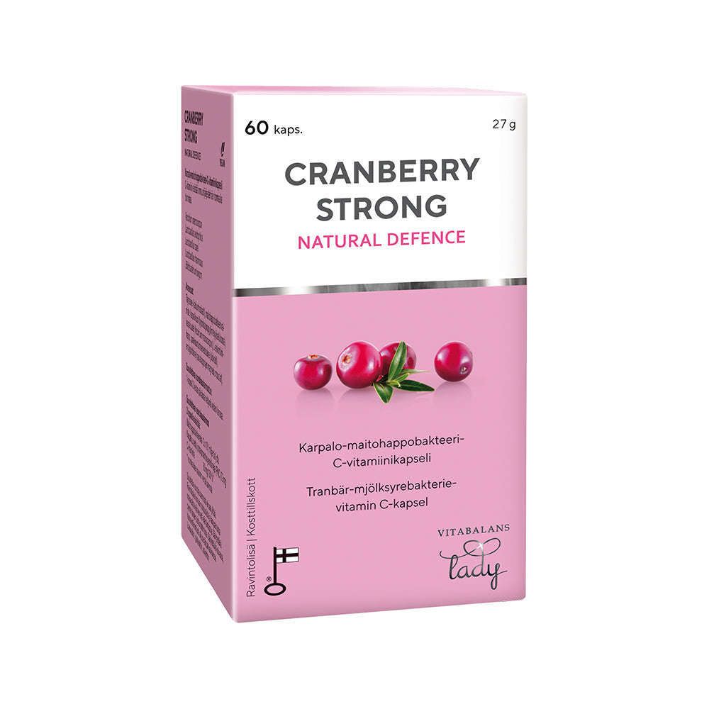 A pink and white Vitabalans Cranberry Strong box featuring cranberries, promoting feminine health with cranberry extract, and multilingual text.