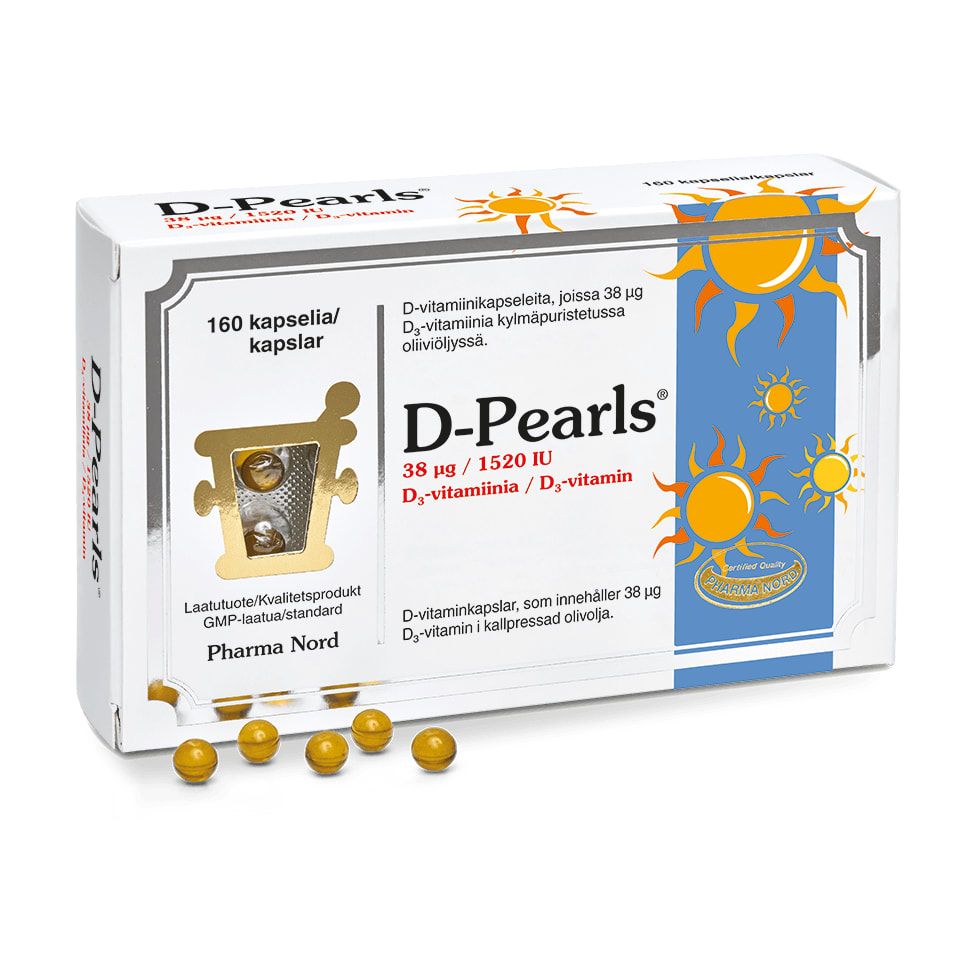 A box of Pharma Nord D-Pearls 38 mikrog is shown with small, round, yellow capsules in front. The packaging displays a sun design and text in Finnish and Swedish noting support for the immune system.