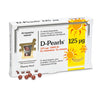 A partially open box of Pharma Nord D-Pearls 125 mikrog shows small brown capsules in cold-pressed olive oil, with bright yellow sun graphics on the packaging.