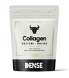 A white and black resealable pouch labeled DENSE Beef Collagen Natural, featuring a bull icon. This unflavored powder is made from high quality, pasture-raised beef collagen peptides and contains 500 grams. Brand DENSE is printed at the bottom.