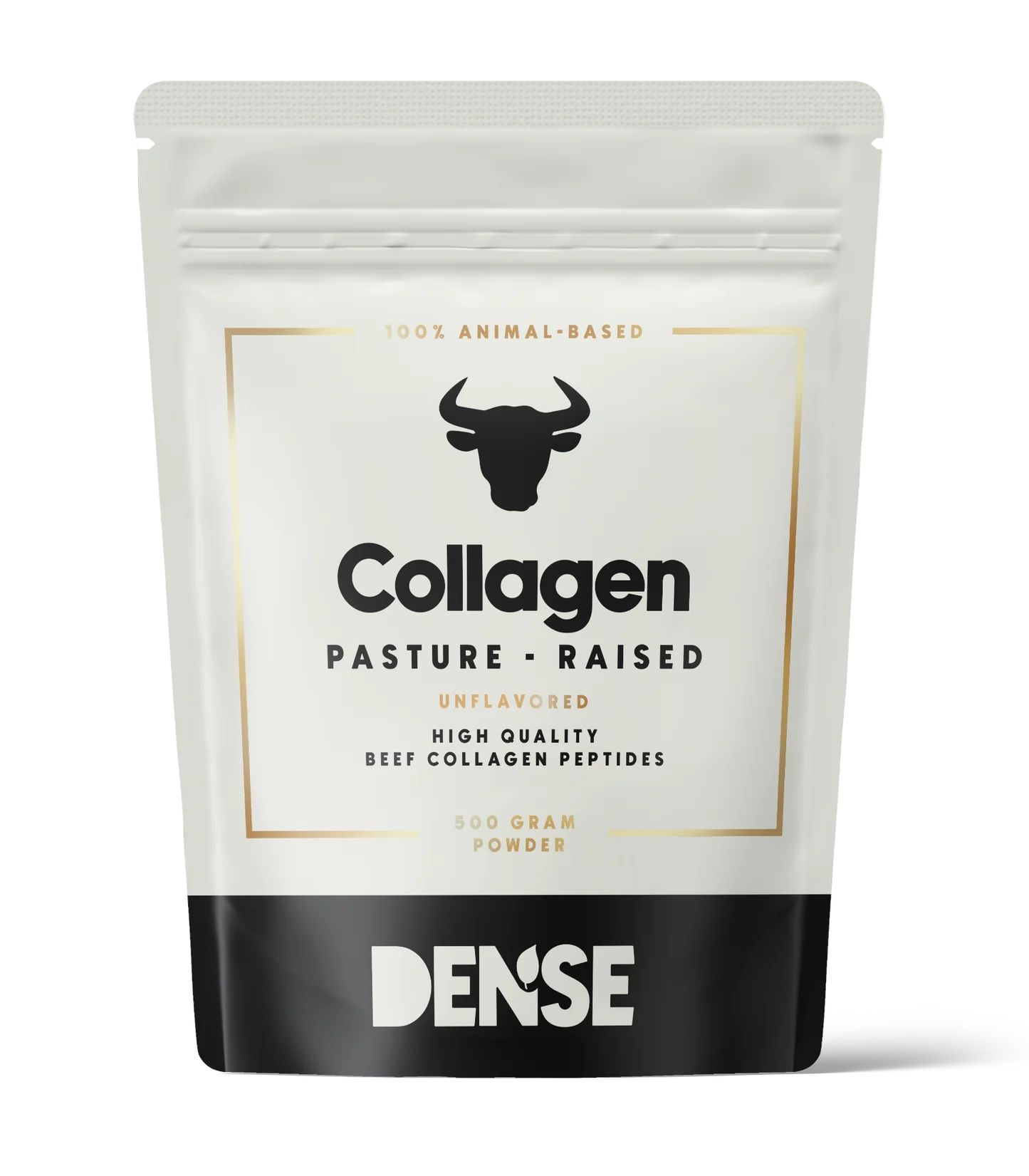 A white and black resealable pouch labeled DENSE Beef Collagen Natural, featuring a bull icon. This unflavored powder is made from high quality, pasture-raised beef collagen peptides and contains 500 grams. Brand DENSE is printed at the bottom.