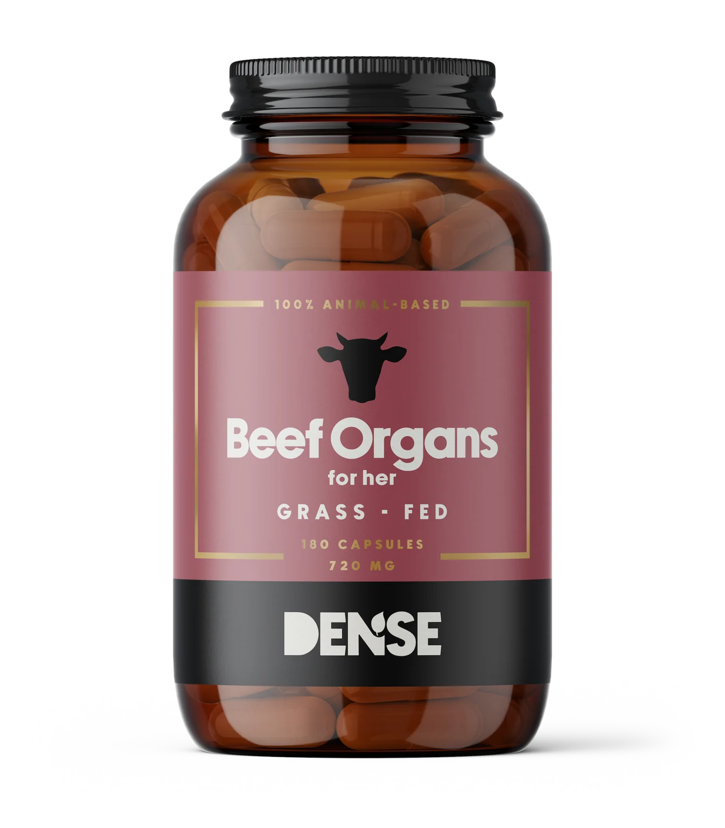 A brown bottle labeled DENSE Beef Organs for HER, a grass-fed beef organ supplement for women's vitality and bone health. Contains 180 capsules (720 mg), black lid, cow head graphic, visible pills, and DENSE brand at the bottom.