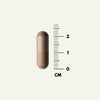 A DENSE Beef Organs for HER capsule by DENSE is shown beside a centimeter ruler, measuring just under 2 cm long on a plain light background.