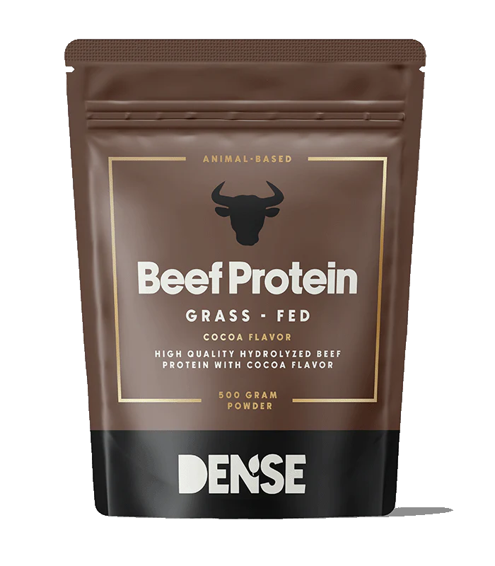 A 500g brown resealable pouch of DENSE Beef Protein Cocoa features a bull icon and highlights its lactose-free, hydrolyzed beef protein powder.