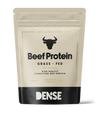 DENSE Beef Protein Unflavored comes in a 500g beige and black resealable pouch featuring a bull head icon. This hydrolyzed, grass-fed protein powder from DENSE offers high quality, unflavored nutrition.