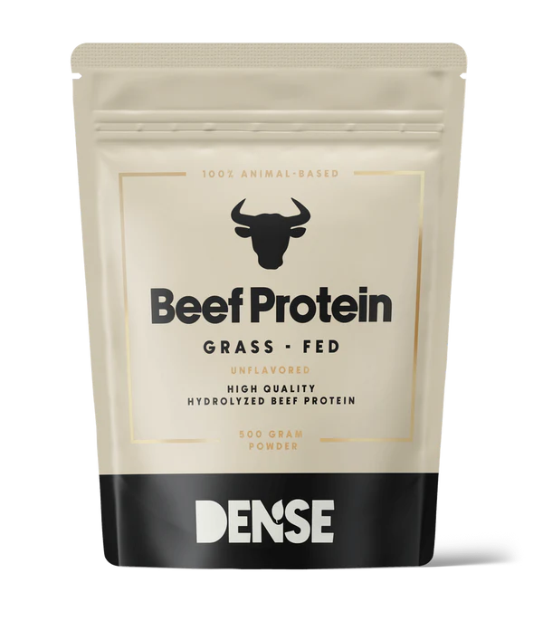 DENSE Beef Protein Unflavored comes in a 500g beige and black resealable pouch featuring a bull head icon. This hydrolyzed, grass-fed protein powder from DENSE offers high quality, unflavored nutrition.