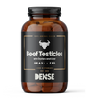 A brown bottle labeled DENSE Beef Testicles by DENSE, 240 capsules, 400 mg, with a bull icon and black screw cap, contains beef testicle capsules designed to support natural testosterone and male vitality.