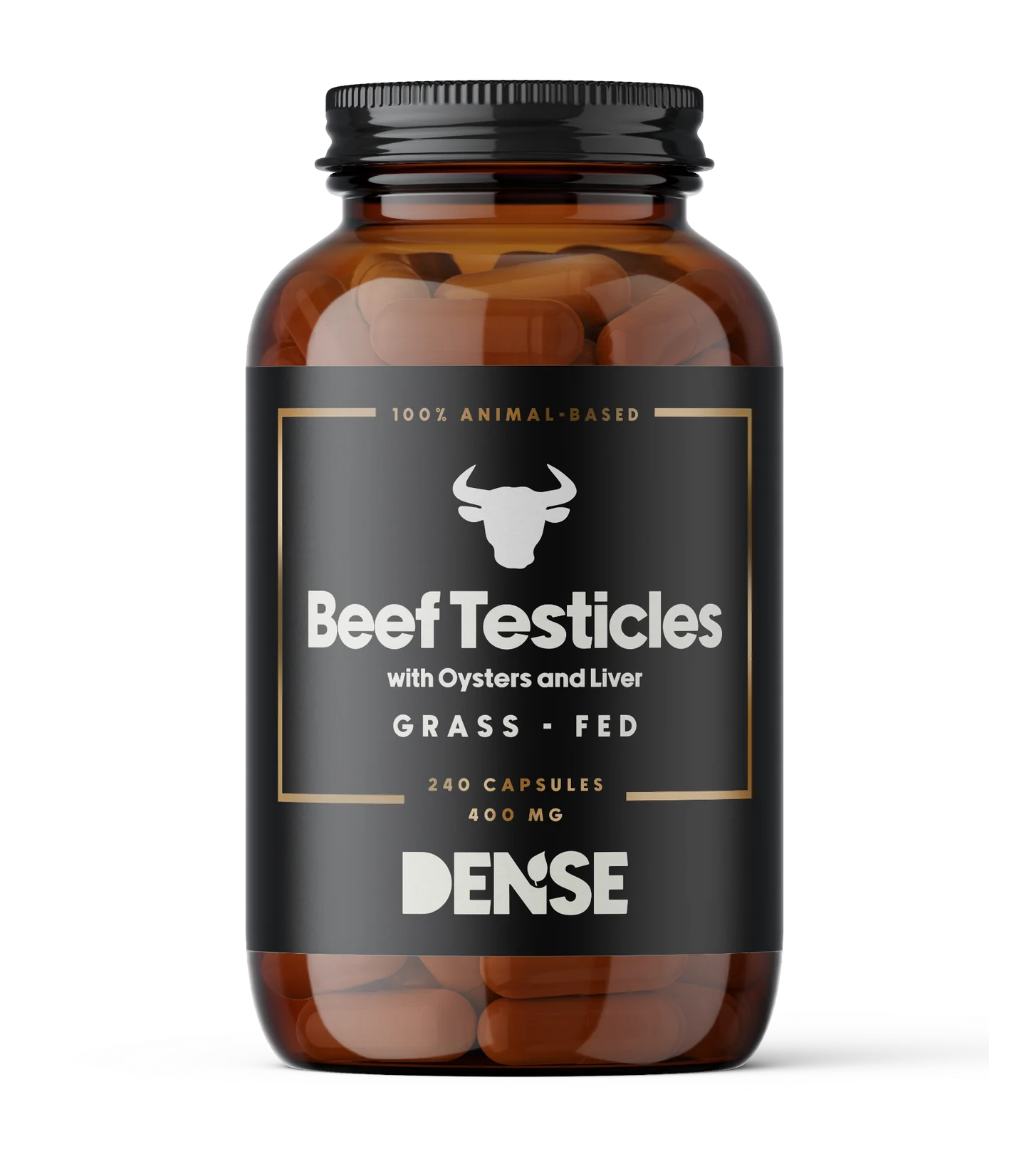 A brown bottle labeled DENSE Beef Testicles by DENSE, 240 capsules, 400 mg, with a bull icon and black screw cap, contains beef testicle capsules designed to support natural testosterone and male vitality.