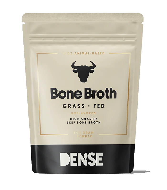DENSE Bone Broth: Unflavored, high-quality pasture-raised beef bone broth powder, rich in collagen. Comes in a beige and black resealable 50g pouch featuring a bull head icon. Brand: DENSE.