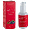A red box and matching pump bottle of Detria Arbutin Vitamin Oil Serum by Detria Arbutin, a skin rejuvenating serum for sensitive skin, with berry images and a Finnish flag featured on the packaging.