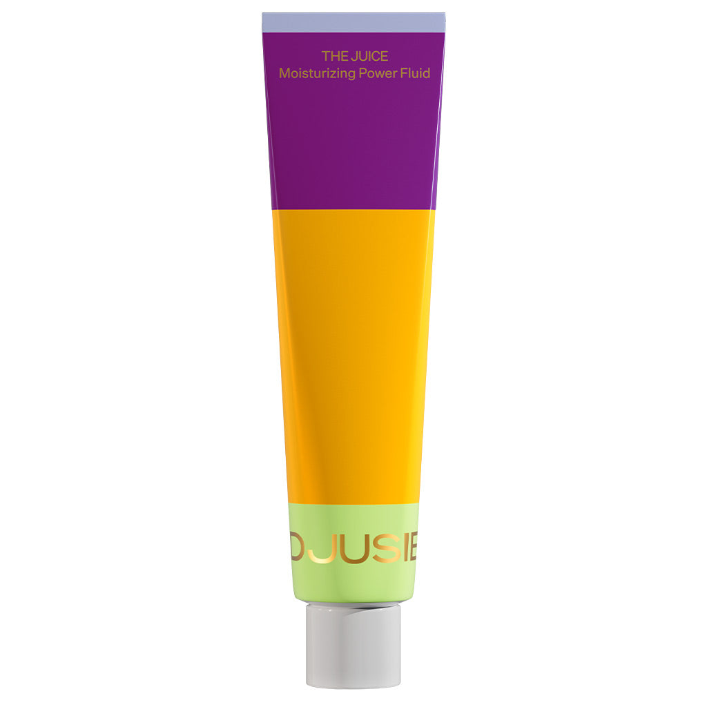 A vibrant tube of Djusie Juicy Skin Box by Djusie, featuring purple, orange, and yellow sections with a white cap, stands upright against a white background, highlighting its deeply nourishing skincare benefits.