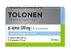 A box of Dr. Tolonen E-EPA 500 mg, an ethyl-EPA fish oil omega-3 supplement with vitamin D, containing 40 capsules. The box is white, gray, blue, and green. Brand: Dr. Tolonen.