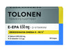 A box of Dr. Tolonen E-EPA 650 mg, an omega-3 supplement with a blue, grey, and yellow design. It features Erikoisvahva Omega-3 - 90% Ethyl-EPA fish oil and contains 80 capsules. Brand: Dr. Tolonen.
